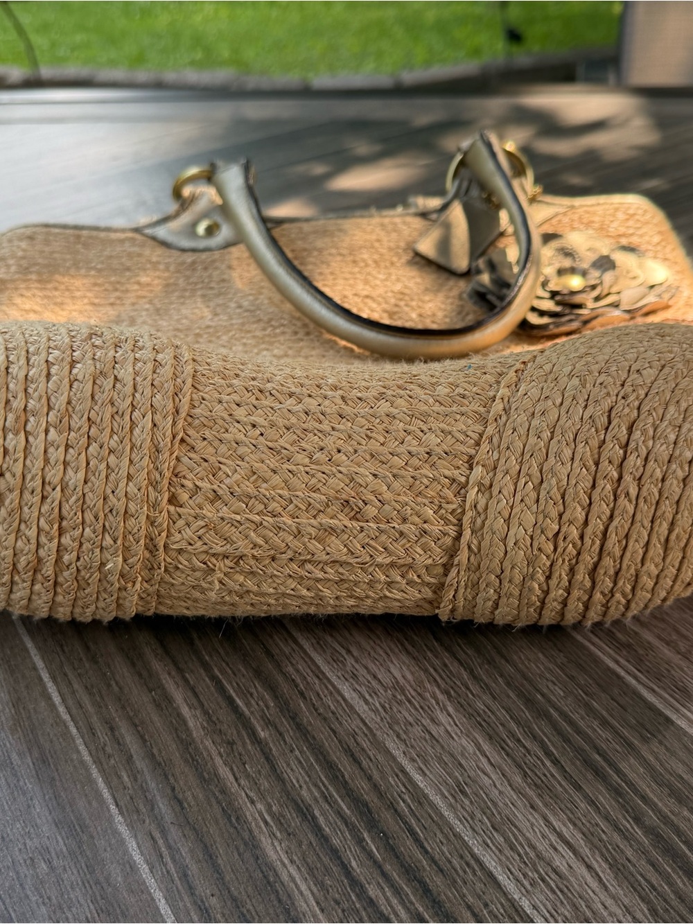 Coach Straw Tote with Metallic Leather Trim and Floral Accent - Picture 9 of 9